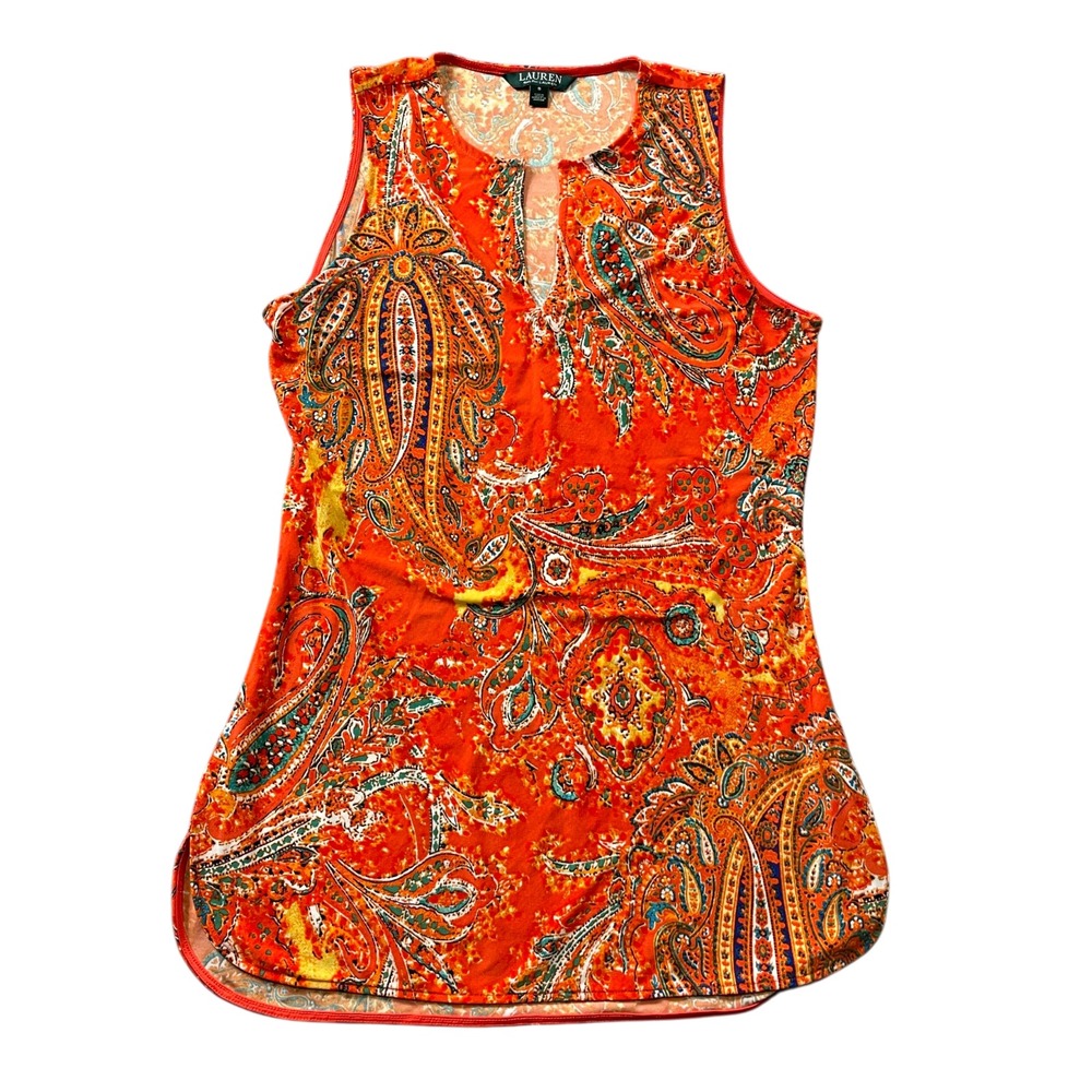 Lauren Ralph Lauren Small Orange Paisley Sleeveless Keyhole Tunic Top